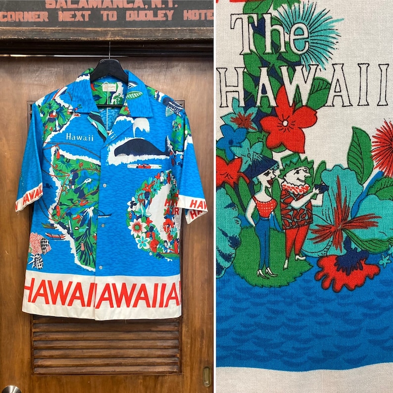 Vintage 1960s Mod Tiki Hawaiian Airlines Cartoon Pop Art Cotton Hawaiian Shirt, Border Print, Rare, 60s Vintage Clothing image 1
