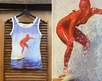 Vintage 1970’s Photo Print Tank Top Tee Shirt with Woman Surfer, 70’s Tank Top, Vintage Surf Top, Vintage Top, Vintage Clothing