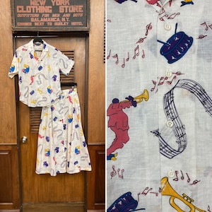 Vintage 1980er Rockabilly 1950er Stil Jazz Musiker Musik Note New Wave Zweiteiler Outfit, Rock Set, Musiknoten, Trommeln, Trompete, Klavier,