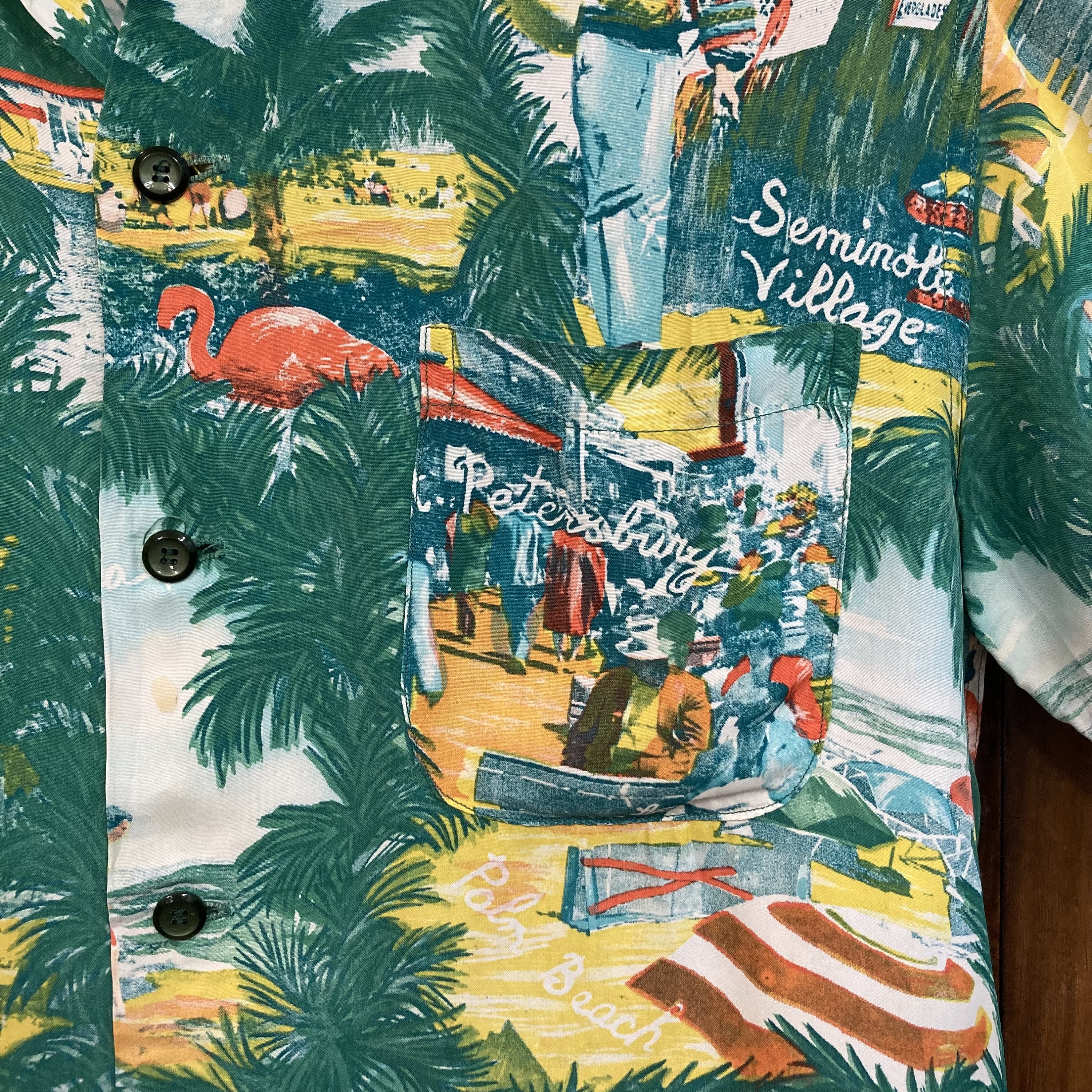 トップス 50s Hawaiian Tops opencollar shirt Vintage 1950's Atomic Florida Photoprint Silky Rayon Loop