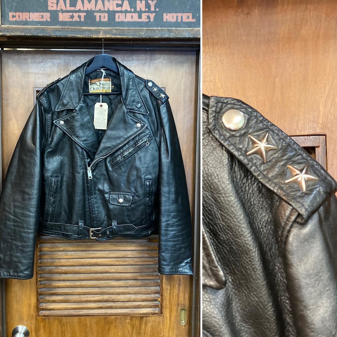 Vintage 1960's Size L Black Motorcycle MC Leather Jacket