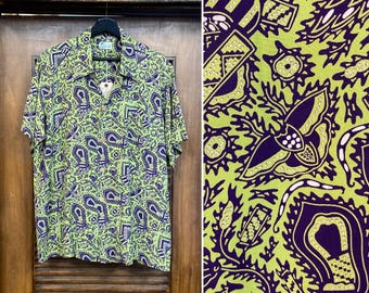 Camisa hawaiana vintage de los años 50, Krazy Atomic, verde lima x morado, rayón sedoso, camisa de los años 40, camisa de los años 50