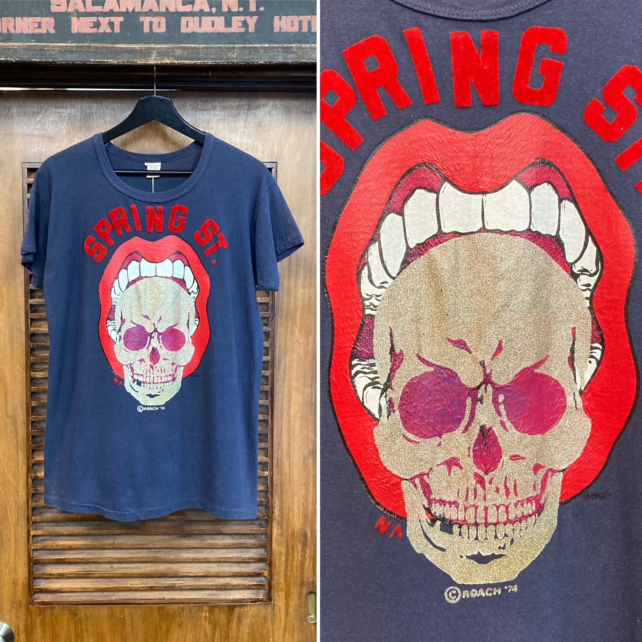 Vintage 1970’s Dated 1974 Skull x Mouth Transfer “Roach” Artist Applique Double Print T-Shirt, 70’s Tee Shirt, Vintage Clothing 