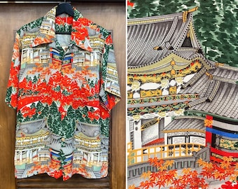 Vintage 1940’s Asian Japanese Pattern Crepe Hawaiian Shirt, 40’s Loop Collar Shirt, Vintage Clothing