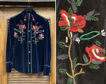 Vintage 1960’s Original Beaded Velvet Western Cowboy Glam Mod Floral Rockabilly Shirt, 60’s Vintage Clothing