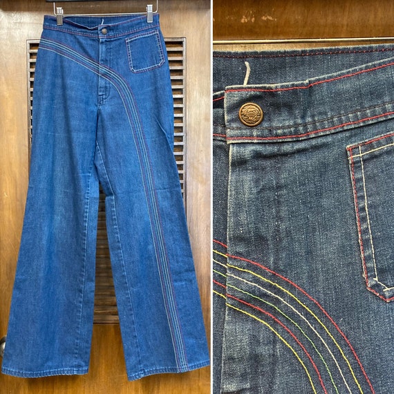 Vintage 1970s Rainbow Stripe Denim Flare Pants, 70