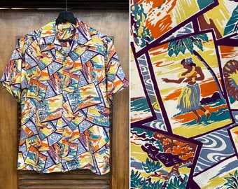 Vintage 1950’s “Hale Hawaii” Atomic Postcard Surfer x Hula Girl Silk Hawaiian Shirt, 50’s Vintage Clothing