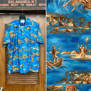 Vintage 1960’s Atomic Mod Tiki Cartoon Loop Collar Hawaiian Shirt, Matching Pocket, 1960’s Shirt, 60’s Vintage Clothing
