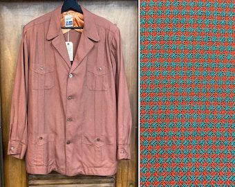 Vintage 1950’s Size L Houndstooth Rayon Four-Pocket Leisure Hollywood Rockabilly Ricky Ricardo Jacket, 1950’s Shirt