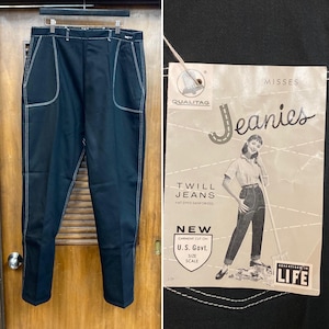 Vintage 1950’s w36 -Deadstock- Jet Black Cotton Twill Denim Side Zip Rockabilly Jeans, Blue Bell, Side Zip Jeans, 50’s Vintage Clothing