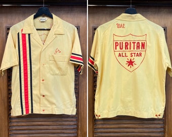 Vintage 1950er Zweifarbiges puritanisches All-Star-Baumwoll-Stickerei-Bowling-Rockabilly-Hemd, Hemd-Jac, 50er-Jahre-Vintage-Kleidung