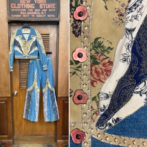 Vintage 1960’s “Roberto Cavalli” Denim Patchwork Mod Hippie Two Piece Amazing Outfit Set, Pant Suit, 1970s, Patchwork, Vintage Denim, Floral