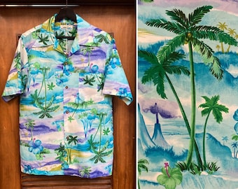 Vintage Penney's Trippy Palm Tree Tropical Island Polyester Disco Hawaiian Shirt aus den 1960er Jahren