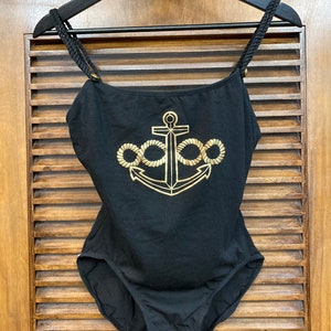Vintage 1980s Jet Black Gold Nautucal Anchor Disco Glam New Wave Swimsuit, 1980s One Piece Suit, Vintage Swimsuit, Anchor, New Wave, Disco, image 2