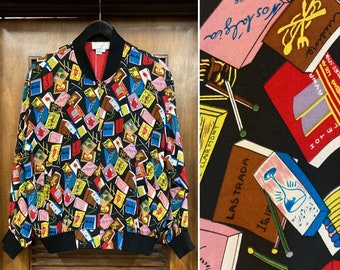 Vintage 1990’s “Spenser Jeremy” Travel Matchbook Bomber Jacket, 90’s Jacket, 90’s Bomber, 90’s Pop Art, 90’s Vintage Clothing