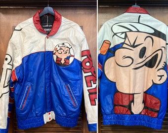 Vintage 1980’s Popeye Design Hip Hop “Maziar” Leather Jacket, 80’s Jacket, 80’s Oversize, 80’s Cartoon, Vintage Clothing