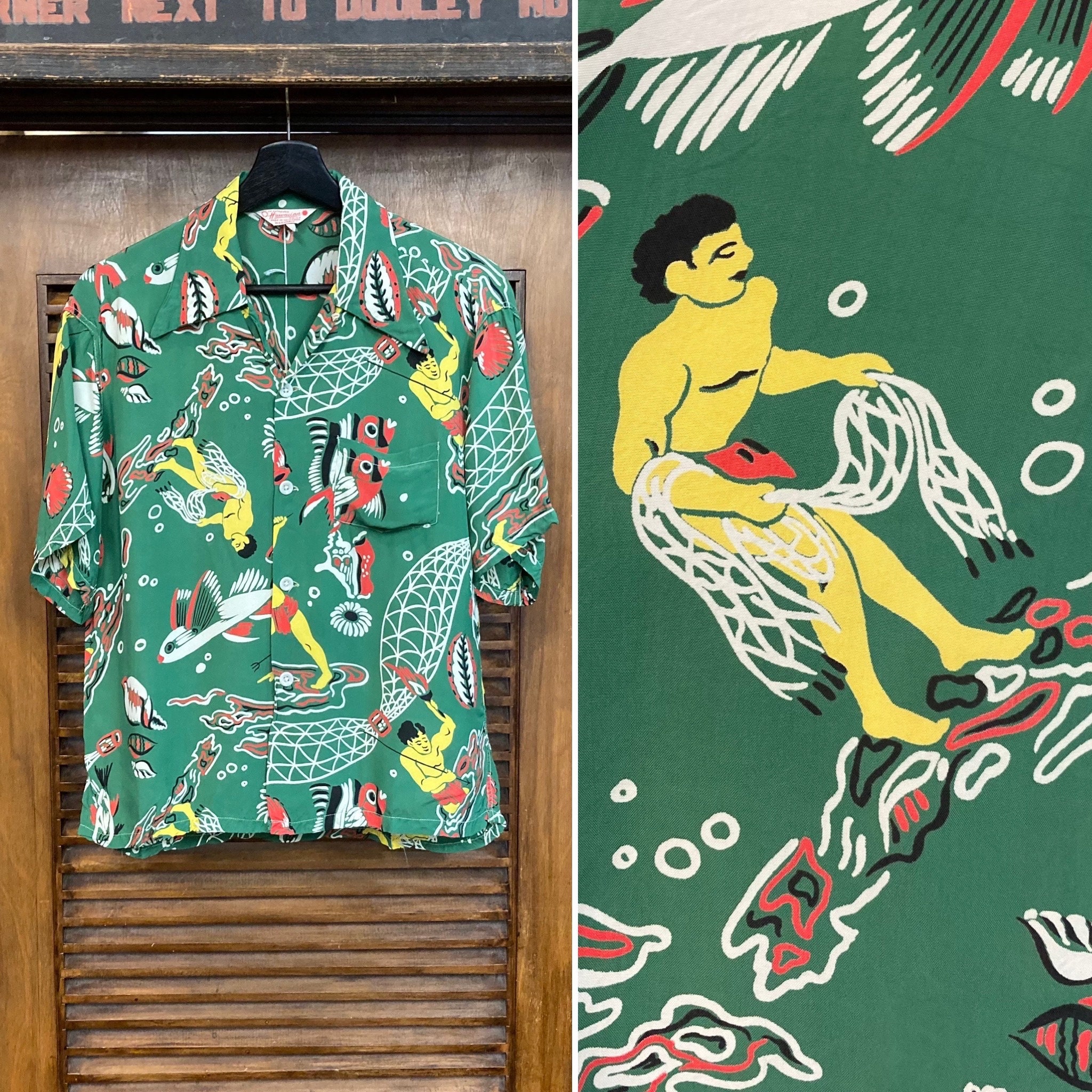 Vintage 1940's Cartoon Torch Fisherman Silky Rayon Hawaiian