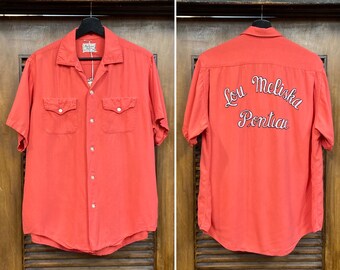 Vintage 1950’s Size L Salmon Pink Rayon Embroidery Bowling Rockabilly Shirt, Pontiac, 1950’s Shirt