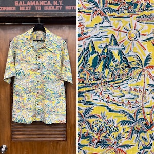 Vintage 1940’s Size L “Surfriders” Tiki Cotton Tropical Hawaiian Shirt, Rare Design, Loop Collar, 40’s Vintage Clothing