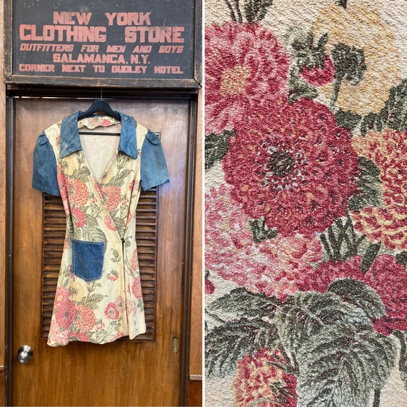 Vintage 1970’s Denim Hippie Floral Tapestry Fabric
