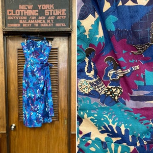 Vintage 1950’s Kamehameha Hula Girl Ukulele Print Cotton Two Piece Romper Wrap Skirt Set, 1950’s Two Piece Set, Vintage Hawaiian Playsuit