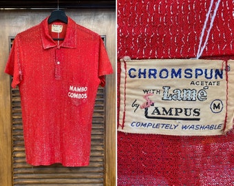 Vintage 1950’s “Campus” Red x Silver Lurex Shiny Thread “Mambo Combos” Dance Group Rockabilly Shirt, 50’s Vintage Clothing