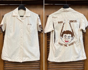 Vintage 1950er Jahre Datiert 1959 Mad Magazine Alfred E. Neuman Military Souvenir Japan Bowling Shirt, 50er Jahre Vintage Clothing