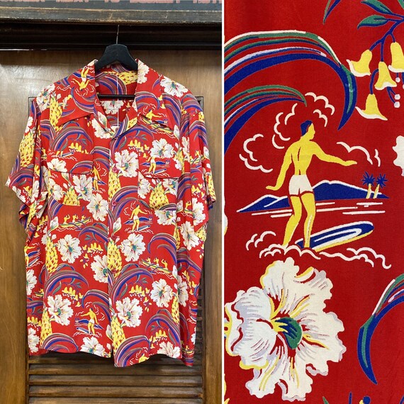 Vintage 1940’s Size XL Cartoon Native Surfer Print