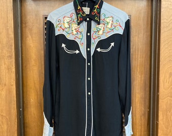 Vintage 1950’s “H Bar C” Horse Yoke Detail Rayon Gabardine Western Cowboy Rockabilly Shirt, 50’s Snap Button Shirt, Vintage Clothing Vintage 1950’s “H Bar C” Horse Yoke Detail Rayon Gabardine Western Cowboy Rockabilly Shirt, 50’s Snap Button Shirt, Vintage Clothing