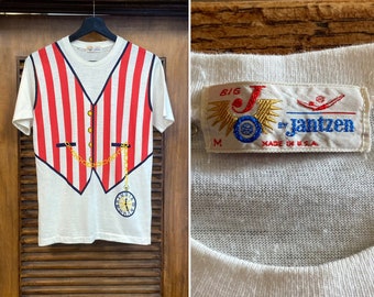 Vintage 1960’s Trompe L’Oeil “Jantzen” Mod Pocketwatch x Vest Print Tee Shirt, 60’s T-Shirt, Vintage Clothing