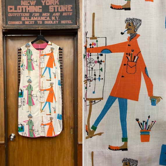 Vintage 1960's Mod Pop Art Cartoon Artist Print Zipper Shift Dress