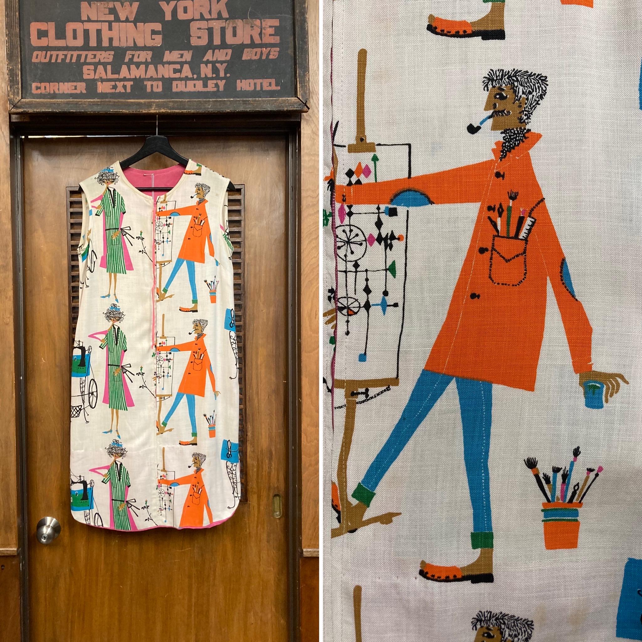 Vintage 1960's Mod Pop Art Cartoon Artist Print Zipper Shift Dress