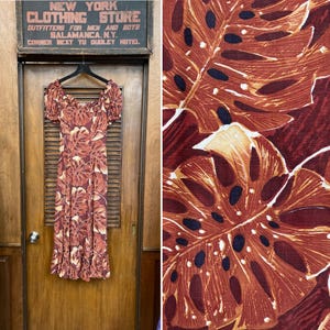 Vintage 1940’s Atomic Floral Rayon Tiki Rockabilly Hawaiian Dress, Tiki, Tropical Print, Hawaiian Dress, 1940s, Floral, Hostess Dress,