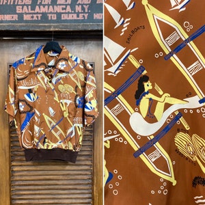 Vintage 1940’s -Deadstock- Cartoon Beach Waikiki Rayon Gaucho Pullover Hawaiian Rockabilly Shirt, 40’s Vintage Clothing