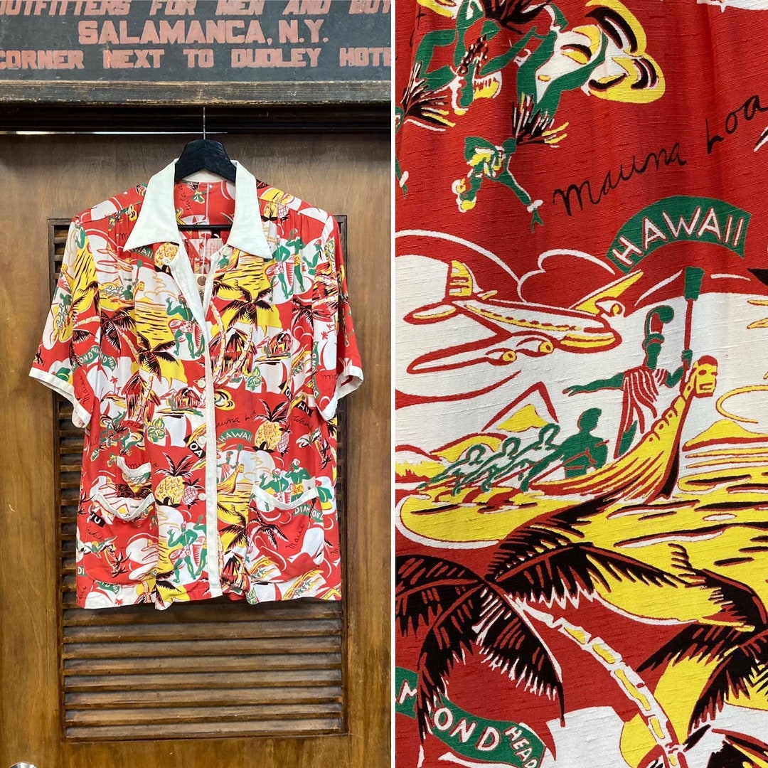 Vintage 1940's Tropical Native Cartoon Tiki Rayon Cabana Vintage 1940's Tropical Native Cartoon Tiki Rayon Cabana