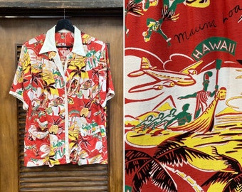 Vintage 1940’s Tropical Native Cartoon Tiki Rayon Cabana Hawaiian Shirt, 40’s Loop Collar, Vintage Clothing