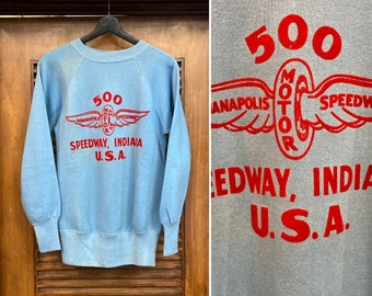 Vintage 1960’s Indianapolis Motor Speedway Indy 500 Flocked NHRA Drag Race Sweatshirt, 60’s Vintage Clothing