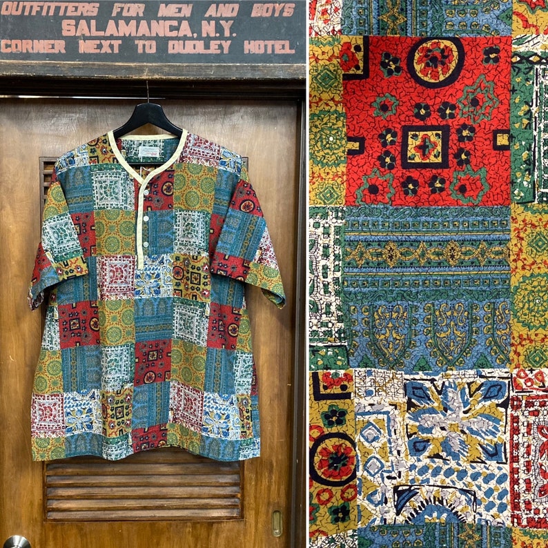 Vintage 1960s Cotton Batik Hippie Tiki Henley Pullover Hawaiian Shirt, 60s Vintage Clothing image 1