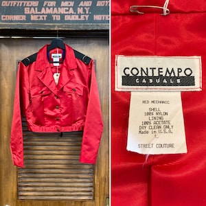 Vintage 1980’s “Contempo Casuals” Red Nylon Cropped Military Style Jacket with Big Vent, 80’s Vintage Clothing