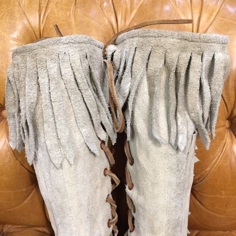 Vintage 1970s Fringe Knee High Boots Suede Moccasins - Etsy