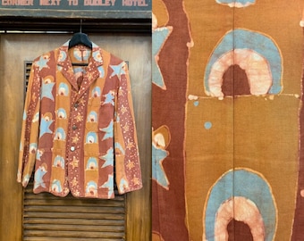 Vintage 1970's Denim Artwork Blazer Jacket with Stars, Vintage Clothing, Resist Dye, Tie Dye, Hippie, Counterculture, Stars, Vintage 1970's