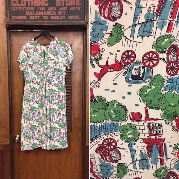 Vintage 1950’s Rayon Carriage Novelty Print Day Dr