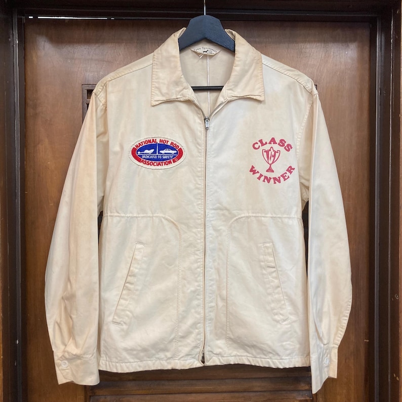 Chaqueta cortavientos de algodón vintage de los años 50, ganadora de la categoría de carreras de resistencia NHRA Hot Rod, original, chaqueta Dragway, chaqueta de los años 60, ropa vintage imagen 3