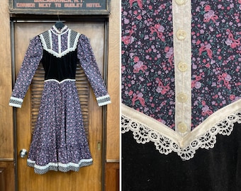 Vintage 1970’s “Gunne Sax” Floral Peasant Victorian Velvet Boho Dress, Hippie Boho Dress, Vintage Gunne Sax Dress, Prairie Dress, 1970’s,