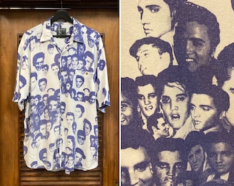 Vintage 1990er Jahre Rayon “Mossimo” Elvis Presley AOP All Over Print Shirt, Pop Art, Rockabilly, 90er Vintage Kleidung