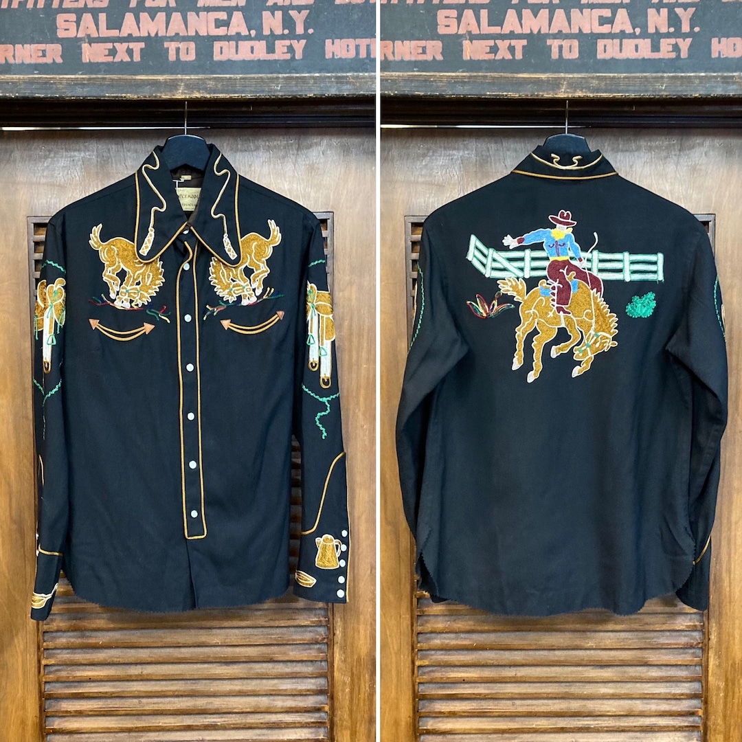 トップス 40s [Embroidery Rayon Western Shirt] Vintage 1940's Jet Black Two-tone Rayon Western Cowboy