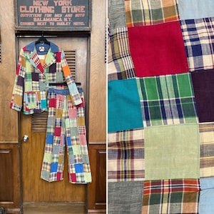 Vintage 1960’s Krazy Madras Plaid Mod Glam Patchwork Suit, Vintage Two Piece, Patchwork, Plaid, Mod, Glam, 1970s, 1960s, Vintage Suit,