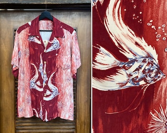 Vintage 1940’s Original “Kamehameha” Underwater Fish Vertical Rayon Hawaiian Shirt, Loop Collar, 40’s Vintage Clothing
