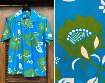 Vintage 1960’s “Kamehameha” Mod Floral Cotton Tiki Hawaiian Shirt, 60’s Loop Collar Shirt, Vintage Clothing