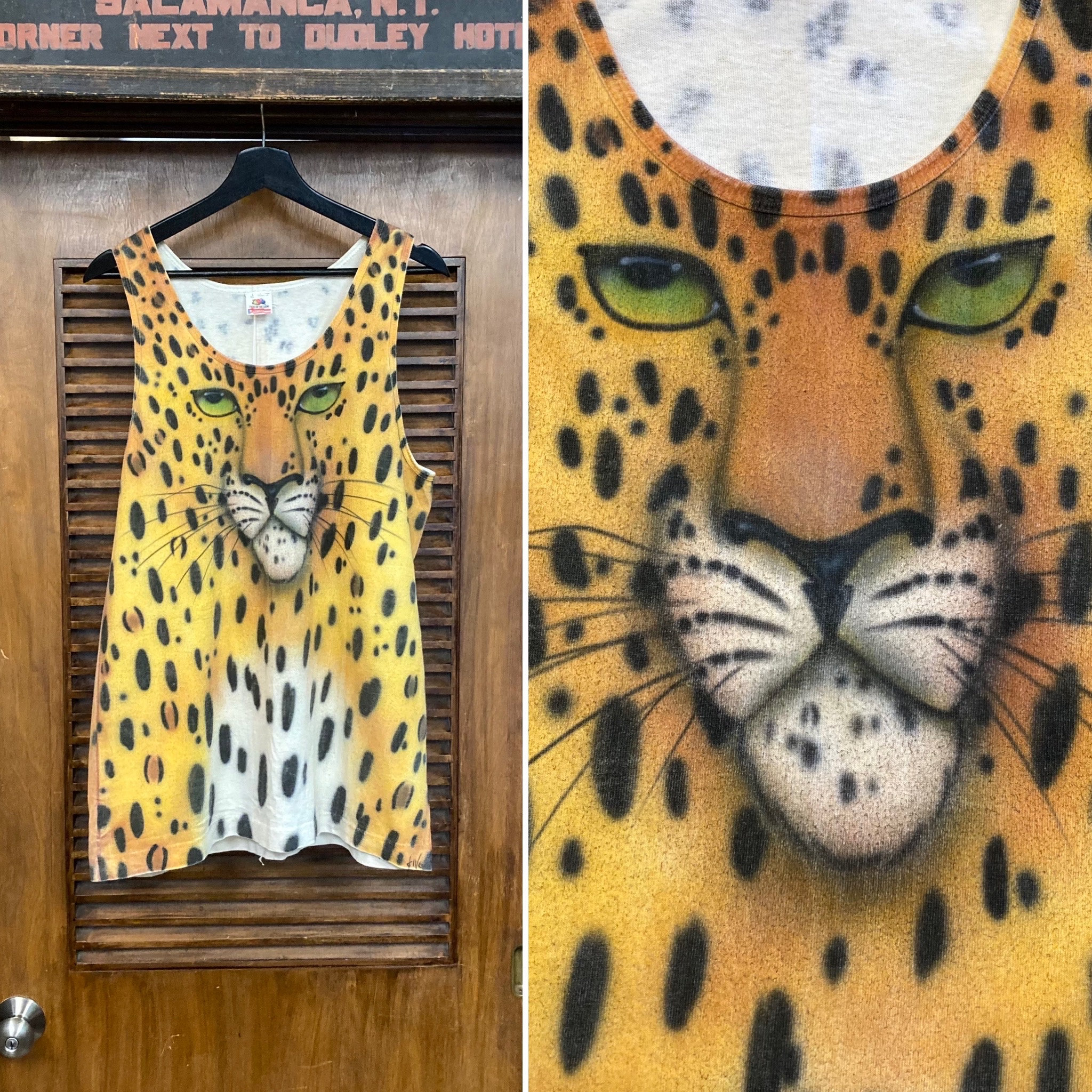 Vintage 1980's Custom Leopard Artwork Airbrush Cotton Two-Sided Tank Top T-Shirt, Amazing, 80's Vintage Clothing